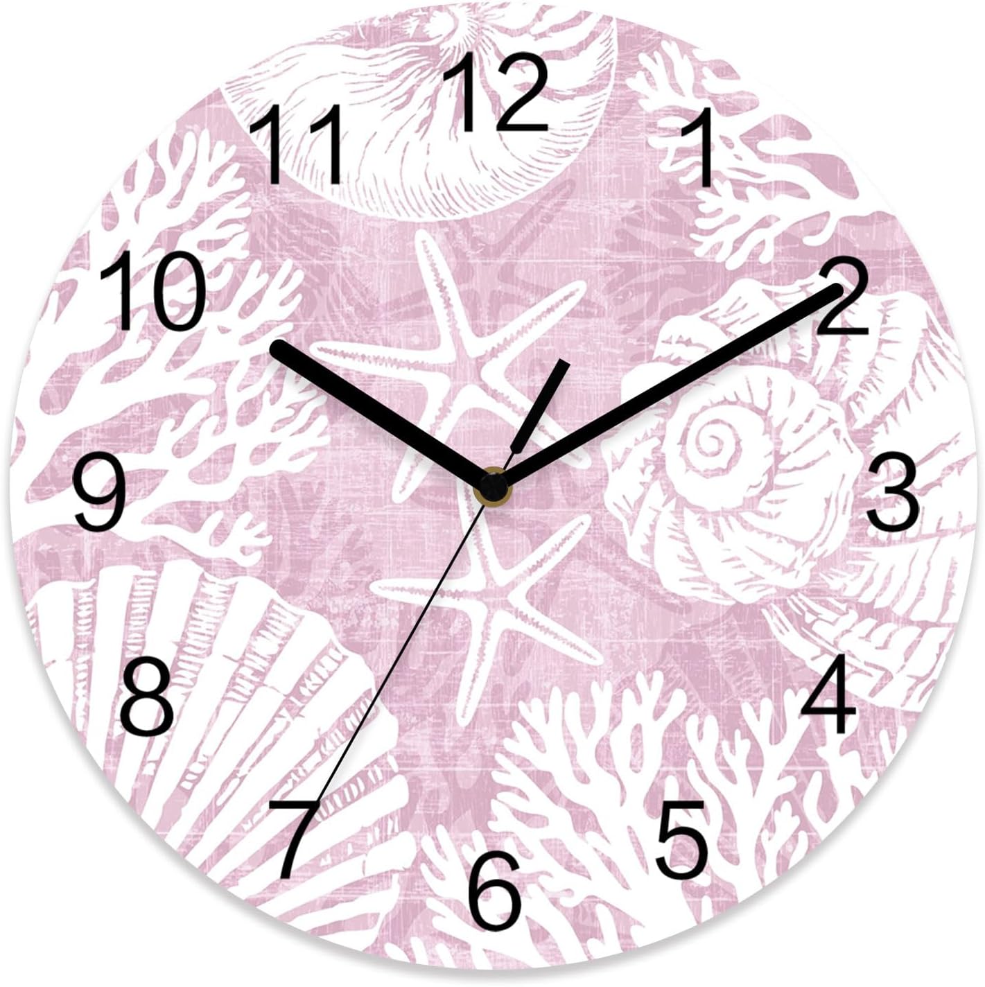 Ocean Wall Clock Battery Operated Non-Ticking 12" Round Wood Clocks, Coral Shell Starfish Coastal Marine Pink Kitchen Wall Clock for School Bathroom Living Room Home Office Wall Decor