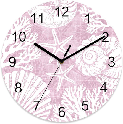 Ocean Wall Clock Battery Operated Non-Ticking 12" Round Wood Clocks, Coral Shell Starfish Coastal Marine Pink Kitchen Wall Clock for School Bathroom Living Room Home Office Wall Decor