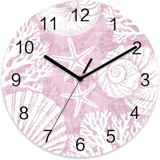Ocean Wall Clock Battery Operated Non-Ticking 12" Round Wood Clocks, Coral Shell Starfish Coastal Marine Pink Kitchen Wall Clock for School Bathroom Living Room Home Office Wall Decor