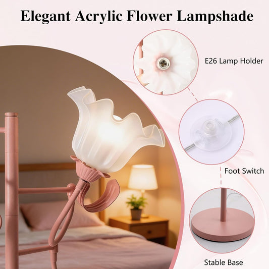 Pink Flower Floor Lamp for Living Room, Cute Standing Lamp with 3 Bulbs, Floral Tall Lamp with 3 Color Temperature, Foot Switch, Elegant Floor Lamp for Bedroom Girls Kids Reading Corner Home