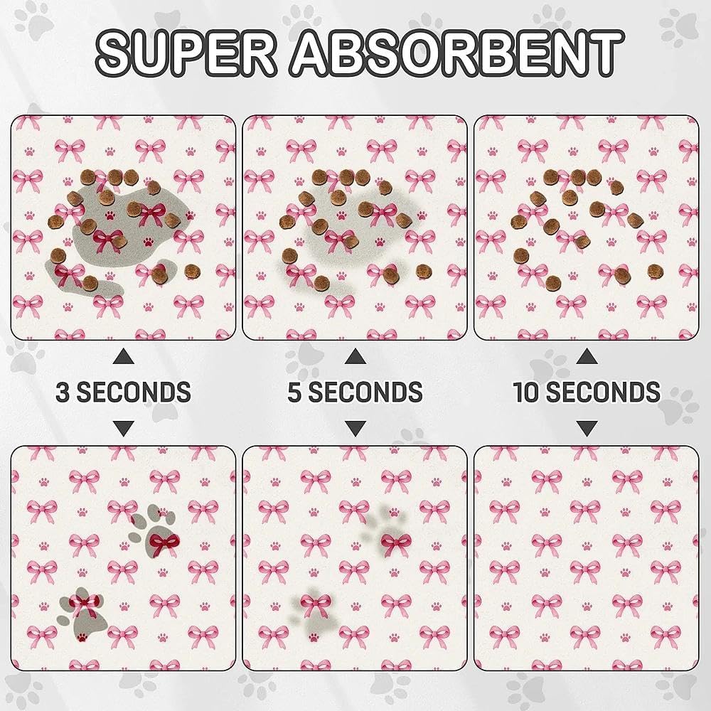 Pink Bow Dog Food Mat for Pet Cat Food Mat, Paws Absorbent Quick Dry Dog Bowl Mats for Food and Water, Non-Slip Cat Pet Feeding Mats for Floor Placemats 12"x20"