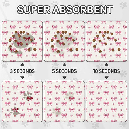 Pink Bow Dog Food Mat for Pet Cat Food Mat, Paws Absorbent Quick Dry Dog Bowl Mats for Food and Water, Non-Slip Cat Pet Feeding Mats for Floor Placemats 12"x20"