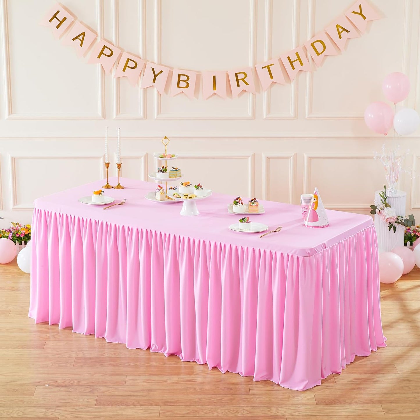 Wish Care Pink Table Clothes for Rectangle Tables 6ft, Wrinkle Resistant Fitted Table Cloth with Pleated Ruffle Skirts for Banquet Wedding Baby Shower Folding Tables