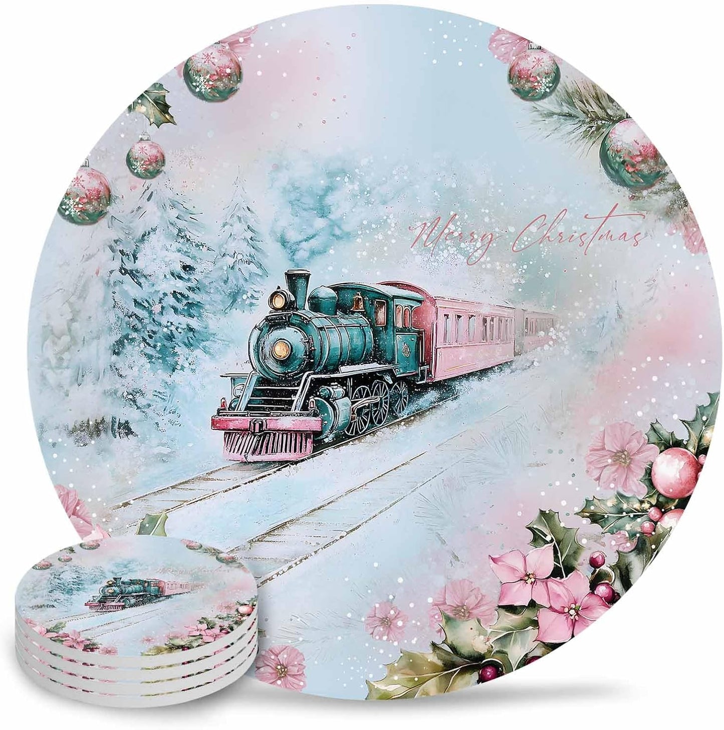 Merry Christmas Coaster Set of 6 Train Snow Flowers Lights Berries Pink Drink Coasters Absorbent Ceramic Coaster for Table Dining Cup Mat for Kitche Cafe Bar Warming Gifts 4 Inches