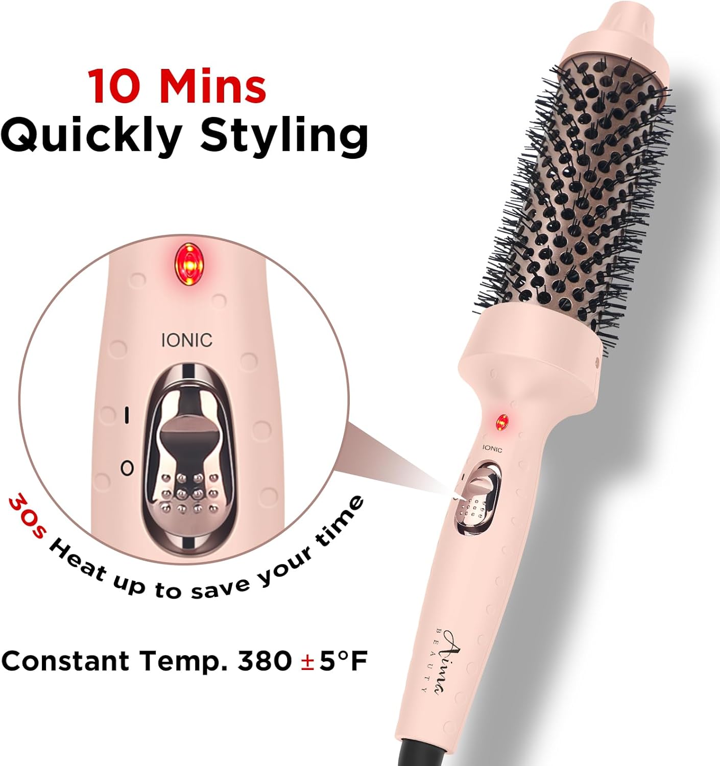 Aima Beauty Hair Curling Iron Brush, 1.5" 40mm Ceramic Hot Brush with Ion Technology for Root Volume and Quick Curls - Dual Voltage & 60Mins Auto-Off, Pink