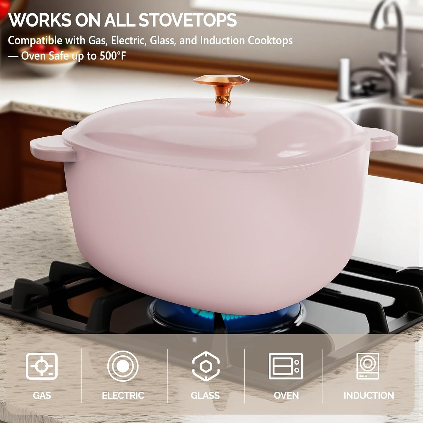 Enameled Cast Iron Heart-Shaped Pot with Lid, Dual Handles, Works on All Stovetops, Oven Safe to 500°F, 4-Quart, Pink,Include Two Silicone Oven mitts