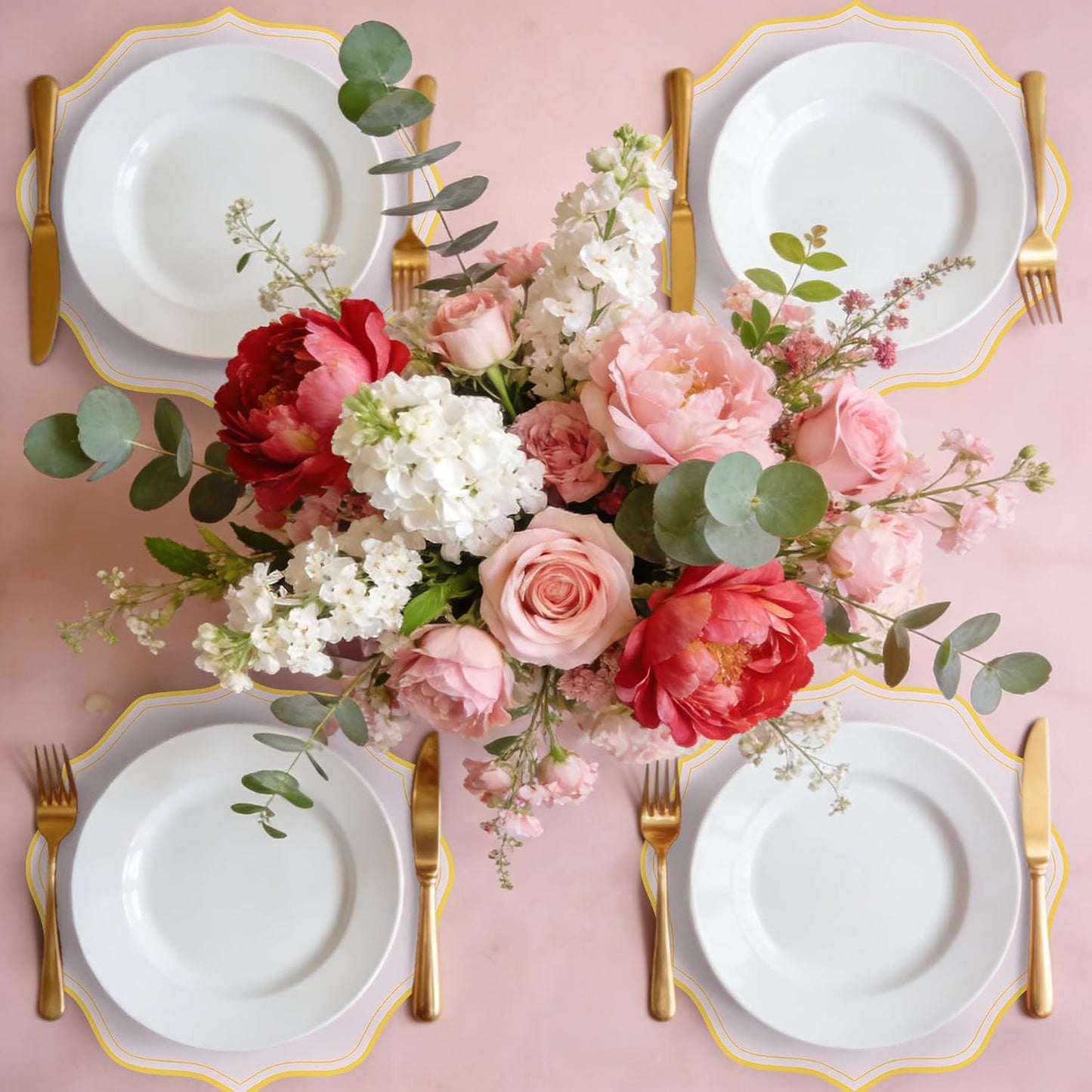 120 Pcs Pink Round Paper Placemats 13.5 Inch Disposable Paper Placemats with Gold Printed Wavy Edged Scalloped Decorative Table Mat for Wedding Party Baby Shower Banquet Holiday Dining Table Decor
