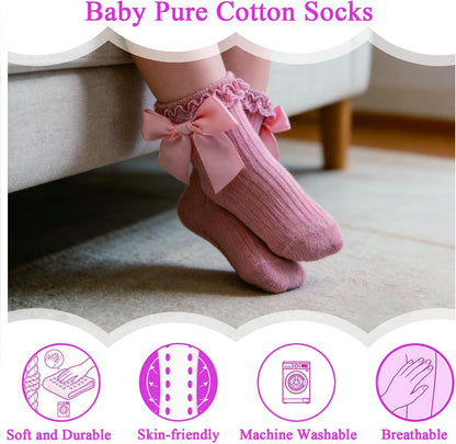 Baby Socks Baby Girl Non Slip Grip Ruffle Socks with Bows Soft Cotton Toddler Girl Sock with Grips Newborn Infant