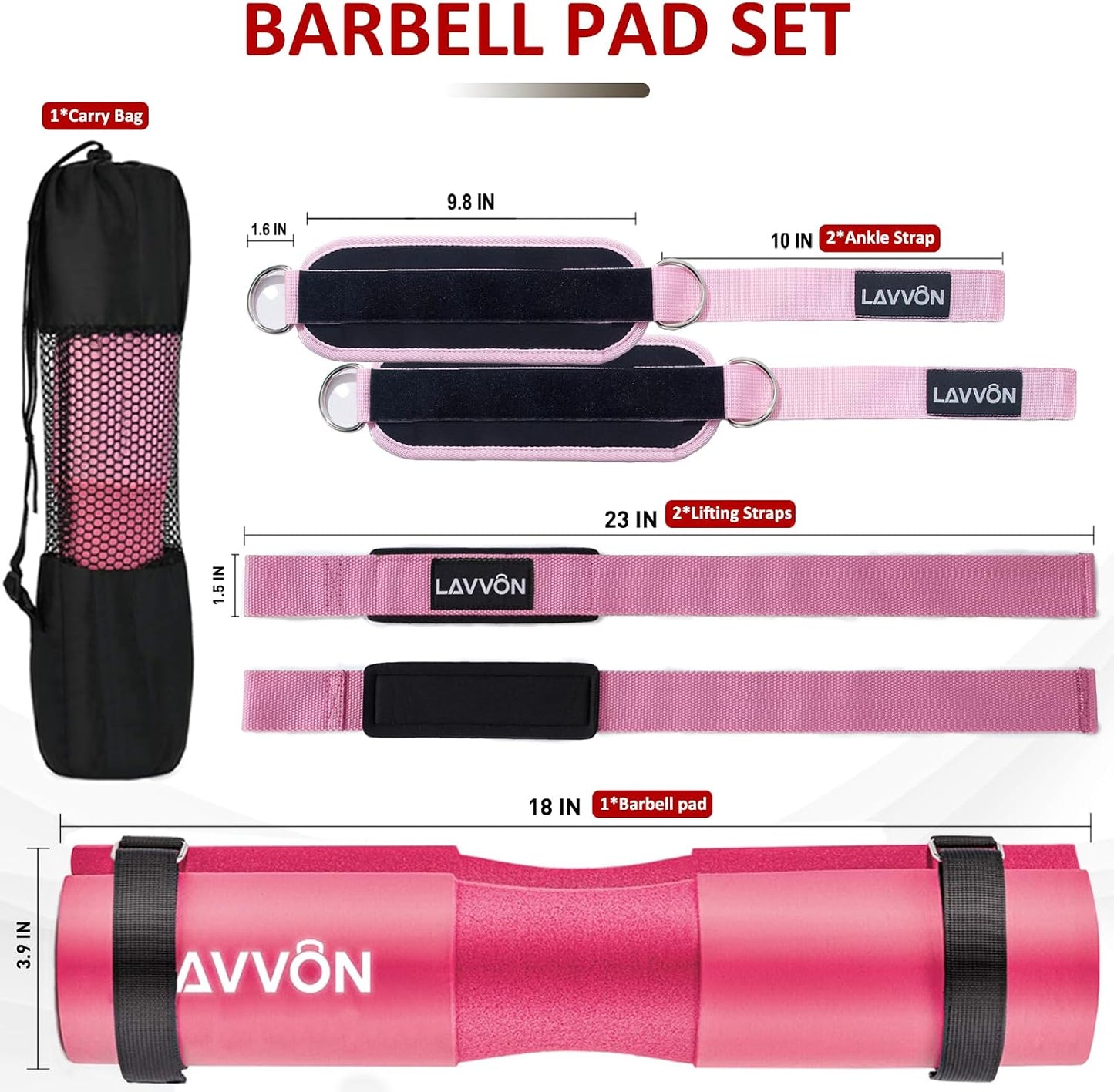 Squat Pad Set - Foam Barbell Pad for Squats Cushion, Lunges & Bar Padding for Hip Thrusts - Standard Olympic Weight Bar Pad - With Ankle Straps, Wrist Straps for Weightlifting