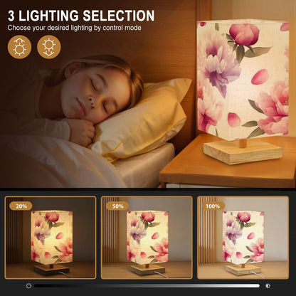 Square Table Lamp for Bedroom Soft Pastel Peony Floral Light Pink Purple Flowers Beside Lamps Desk lamp with Wood Base Nightstand Lamps for Nursery Living Room Home Decor