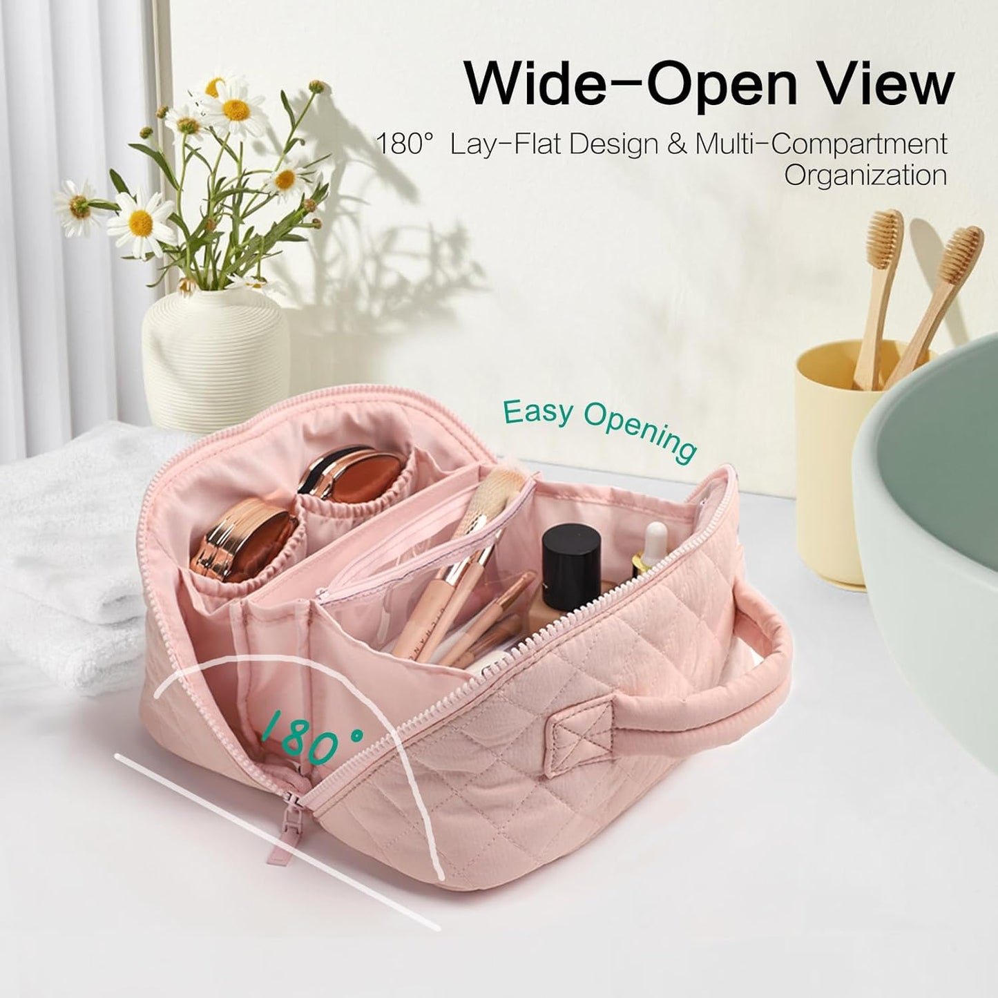 Travel Makeup Bag for Women, Puffer Quilted Open Flat Makeup Organizer with Toiletry Bag, Portable Cosmetic Case for Travel & Daily Use，Pink
