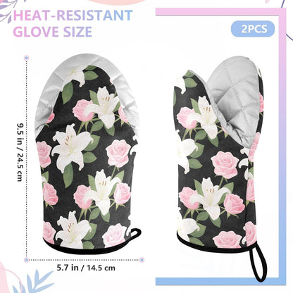 Oven Mitt 2 Pack Set Pink Roses and Lilies Flowers Kitchen Mitts Gloves for for Cooking Baking Grilling
