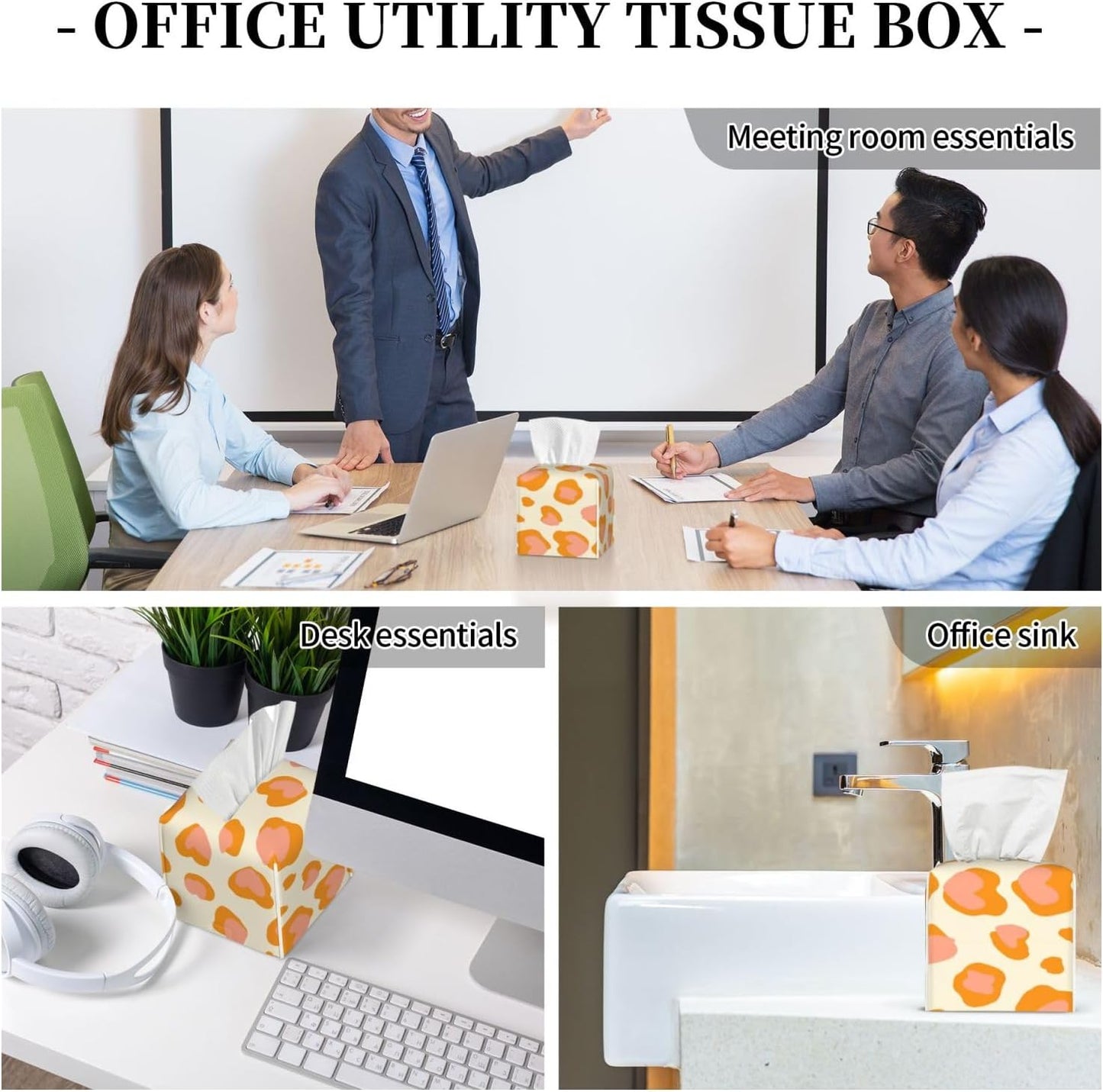Peach Orange Spots Pink Leopard Pattern Tissue Box Cover Square Pu Leather Waterproof Tissue Box Holder for Car Bathroom Bedroom Office Tabletop Decor