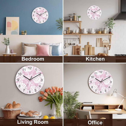 Ocean Wall Clock Battery Operated Non-Ticking 12" Round Wood Clocks, Coral Shell Starfish Coastal Marine Pink Kitchen Wall Clock for School Bathroom Living Room Home Office Wall Decor