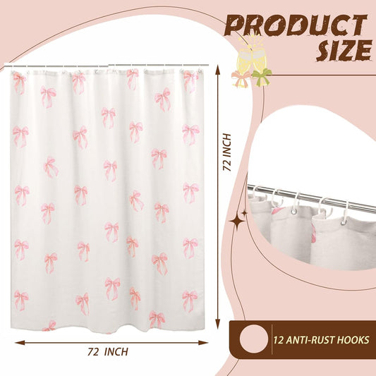 Tegeme Pink Bow Linen Shower Curtain Cute Linen Cottagecore Shower Curtain with Hooks Vintage Aesthetic Bathroom Decor for Preppy Boho Rustic French Country Summer Housewarming Gift 72 x 72 Inch