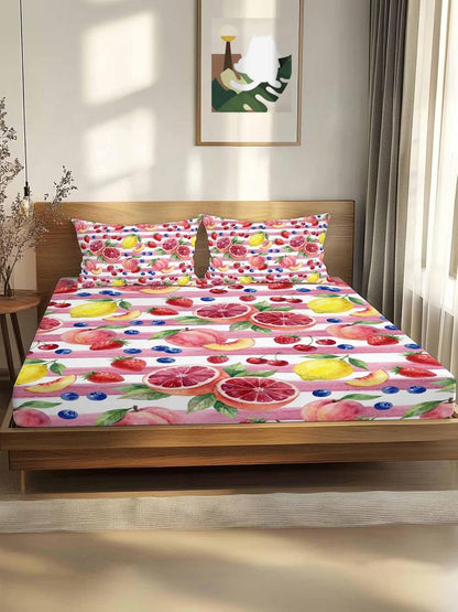 Fitted Sheets Elastic Deep Pocket Bed Sheet Queen Summer Peach Lemon Grapefruit Soft Brushed Microfiber Bed Sheets Set, Blueberry Strawberry Pink Stripe Mattress Cover Up Fitted Sheet Pillowcase