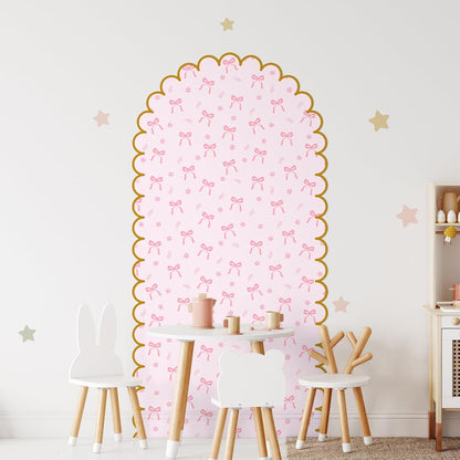 Leinuosen Pink Bow Arch Wall Decals Peel and Stick 58 x 30 Inch Large Bow Wallpaper Wall Decal Room Decor with Golden Scallop Frame Coquette Headboard Stickers for Nursery Bedroom Living Room