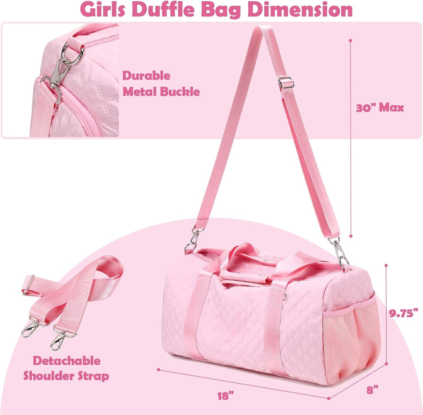 Pink Ballet Bags for Girls, Dance Duffle Bags with Wet & Shoe Compartments for Women, Overnight Travel Bags with Trolley Sleeve for Party Sleepover Bags
