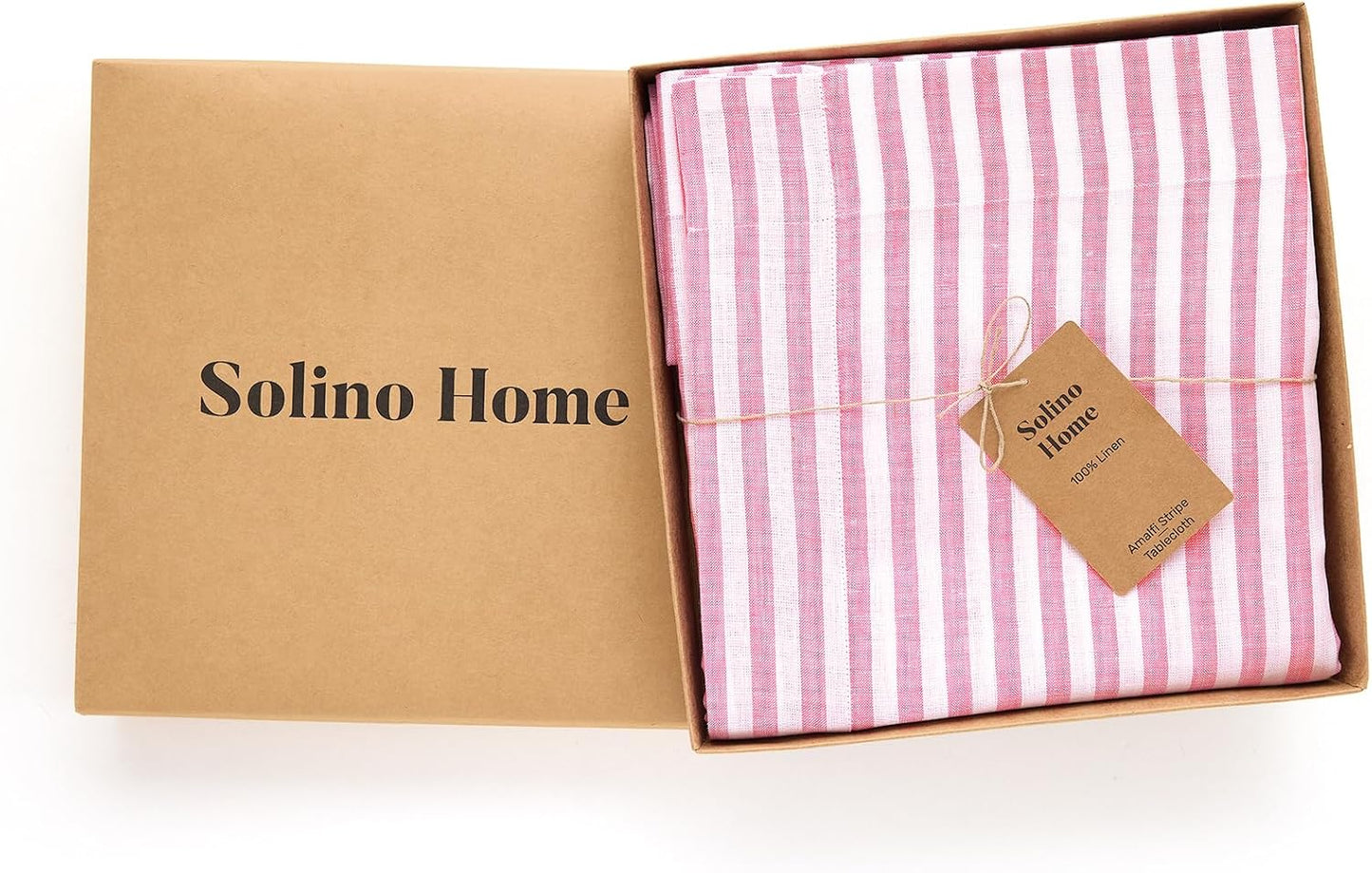 Solino Home Linen Tablecloth 60 x 120 Inch - Amalfi Stripe 100% Pure Linen Pink and White Table Cloth for Rectangle Tables - Machine Washable Tablecloth for Summer