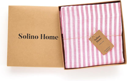 Solino Home Linen Tablecloth 60 x 120 Inch - Amalfi Stripe 100% Pure Linen Pink and White Table Cloth for Rectangle Tables - Machine Washable Tablecloth for Summer