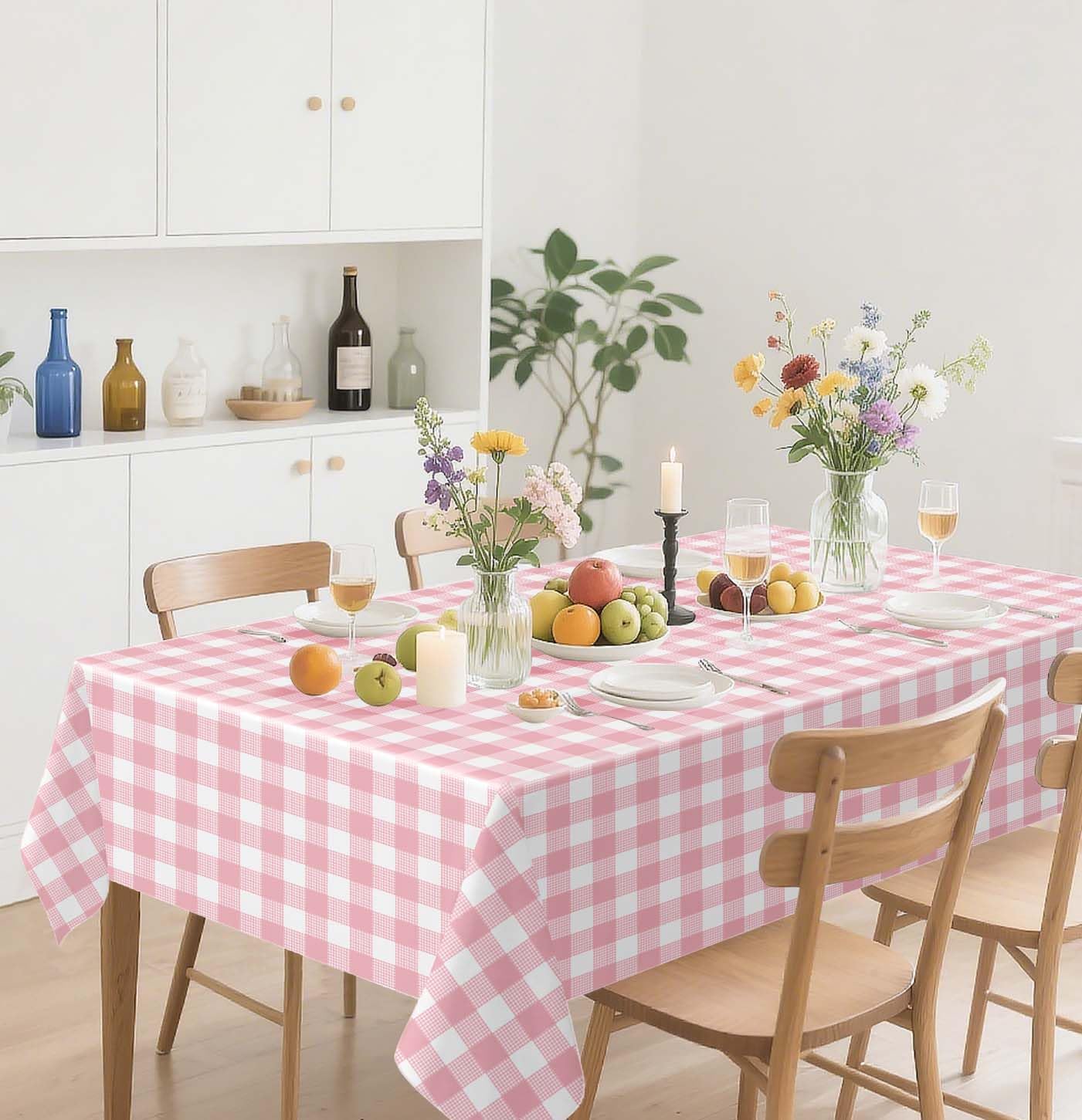 HEIPINIUYE 2 Pack Pink Gingham Tablecloth Disposable 54 x 108 Inch Pink and White Plaid Plastic Table Cloth Disposable Rectangle Table Cover for Party Birthday Picnic Checkered Tablecloths