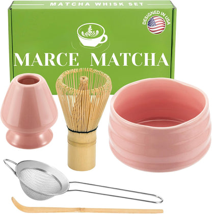 Marce Matcha Whisk Set- Matcha Set includes Matcha Bowl, Sifter, Holder and Scoop- The Perfect Bamboo Whisk for Matcha Tea (Pink)
