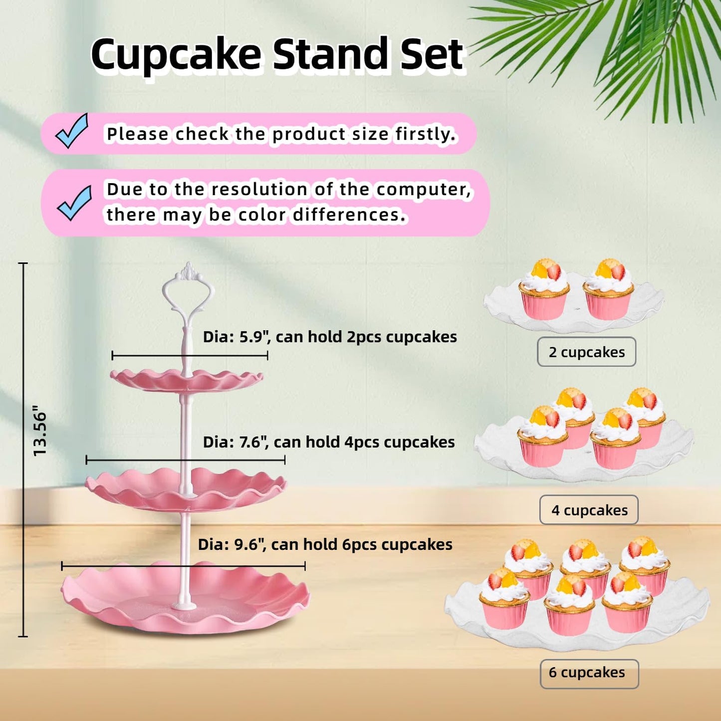 RAUVOLFIA 5 Pcs Dessert Stand Set, 2X Small 3 Tiers White Plastic Cupcake Stand Holder & 3X Rectangle Party Serving Trays/Platters for Wedding Birthday Baby Shower Tea Party Buffet (Pink)