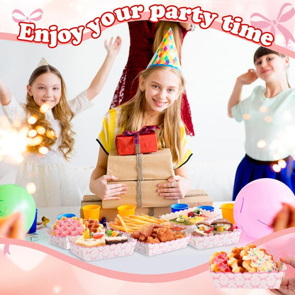 Domensi 60 Pcs Pink Bow Paper Food Trays Birthday Decorations Kraft Bow Plates Snack Nacho Hot Dog Popcorn Serving Trays Coquette Party Supplies for Wedding Bridal Baby Shower Party Decoration