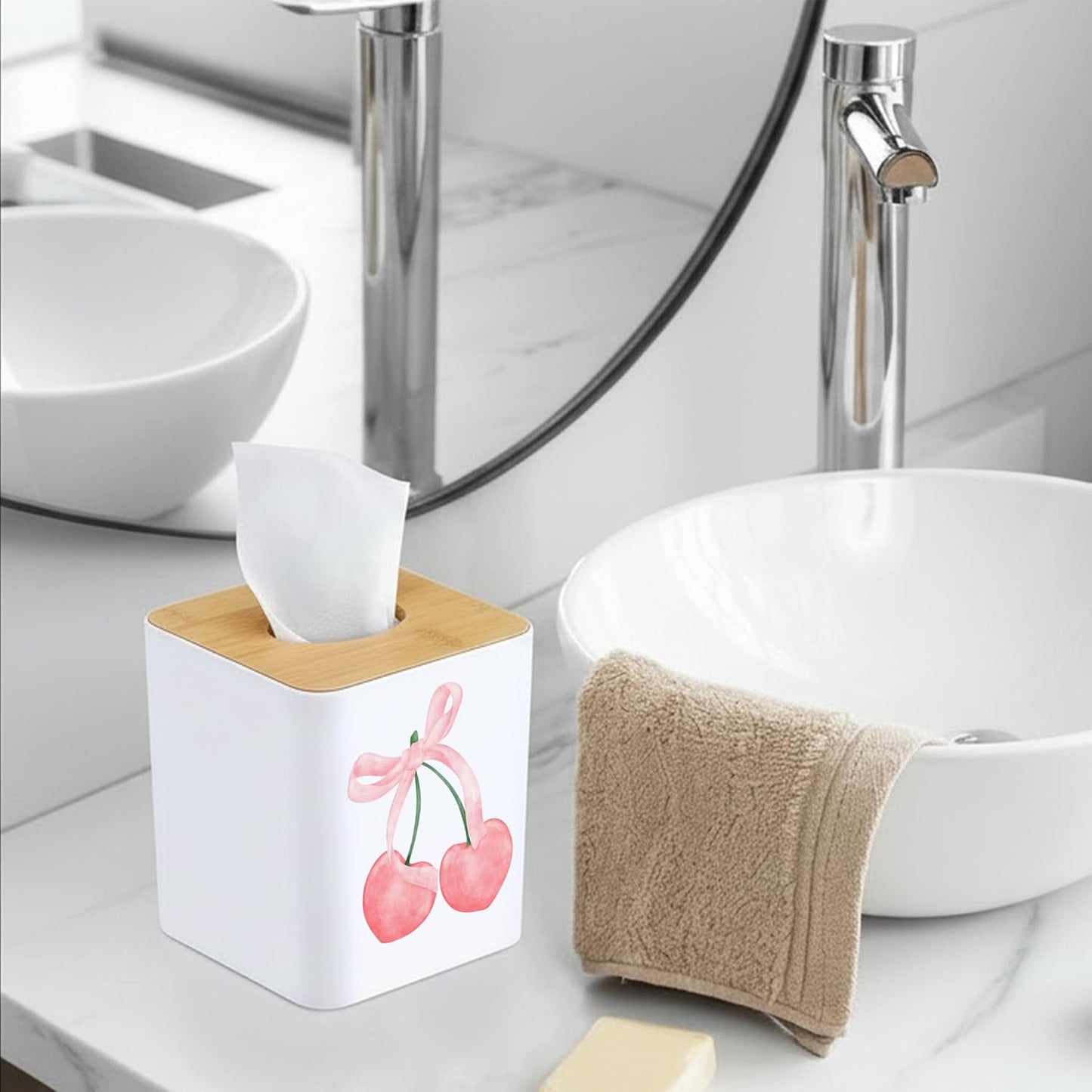 Girly Cherry Tissue Box Cover - Cute Coquette Pink Bow Cherry Square Facial Tissue Box Holder Dispenser for Home Decor, 5x5x5.5 Inch