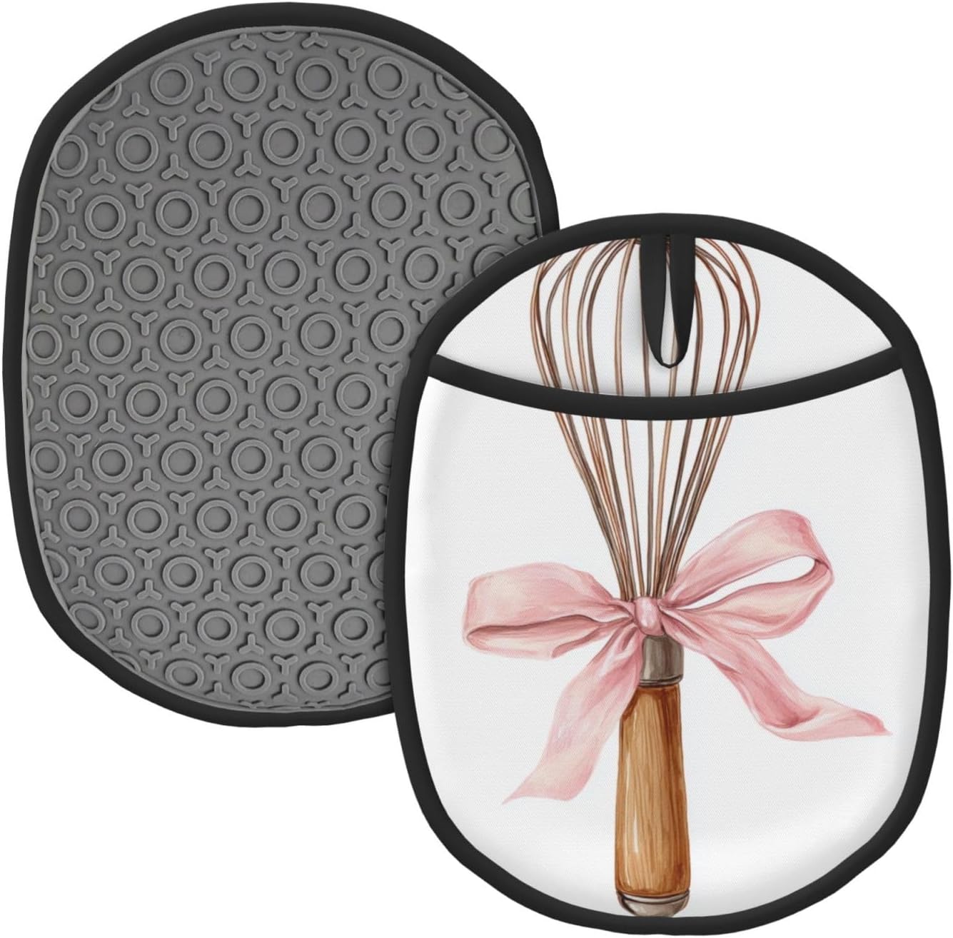 Watercolor Kitchen Whisk with Light Pink Bow Silicone Pot Holders,2pcs, Heat Resistant Oven Mitts Large Potholders for Kitchen Cooking Baking Hot Pads