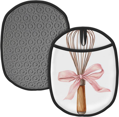 Watercolor Kitchen Whisk with Light Pink Bow Silicone Pot Holders,2pcs, Heat Resistant Oven Mitts Large Potholders for Kitchen Cooking Baking Hot Pads