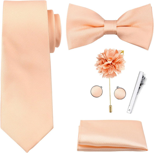 Alizeal Mens Premium 6 Pcs Ribbed Tie Set Bow Tie Cufflinks Boutonniere Tie Clip for Formal Occasions