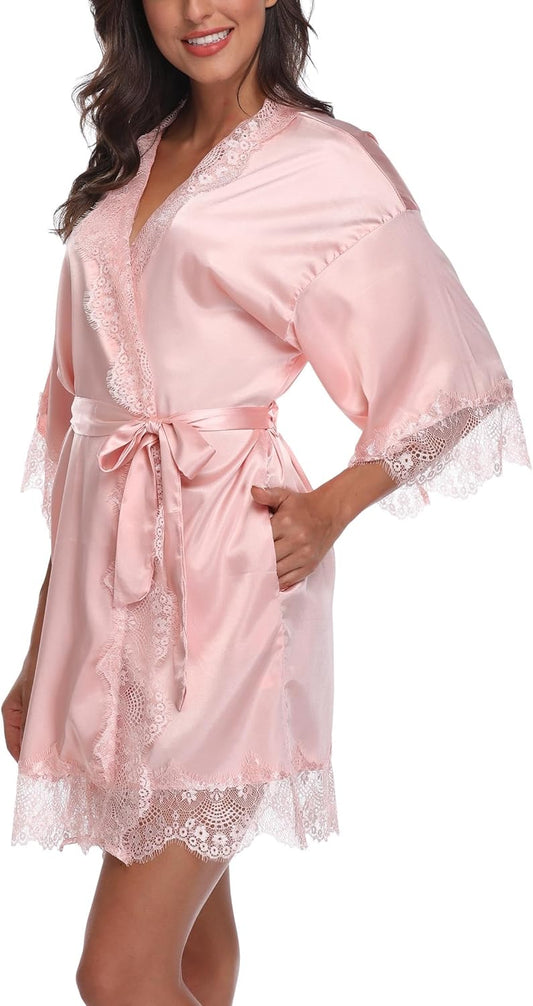 VOGMATE Women's Satin Robe with Lace Trim Sexy Short Silk Bridal Robes for Bride Bridesmaids Wedding Lightweight Cute Robe