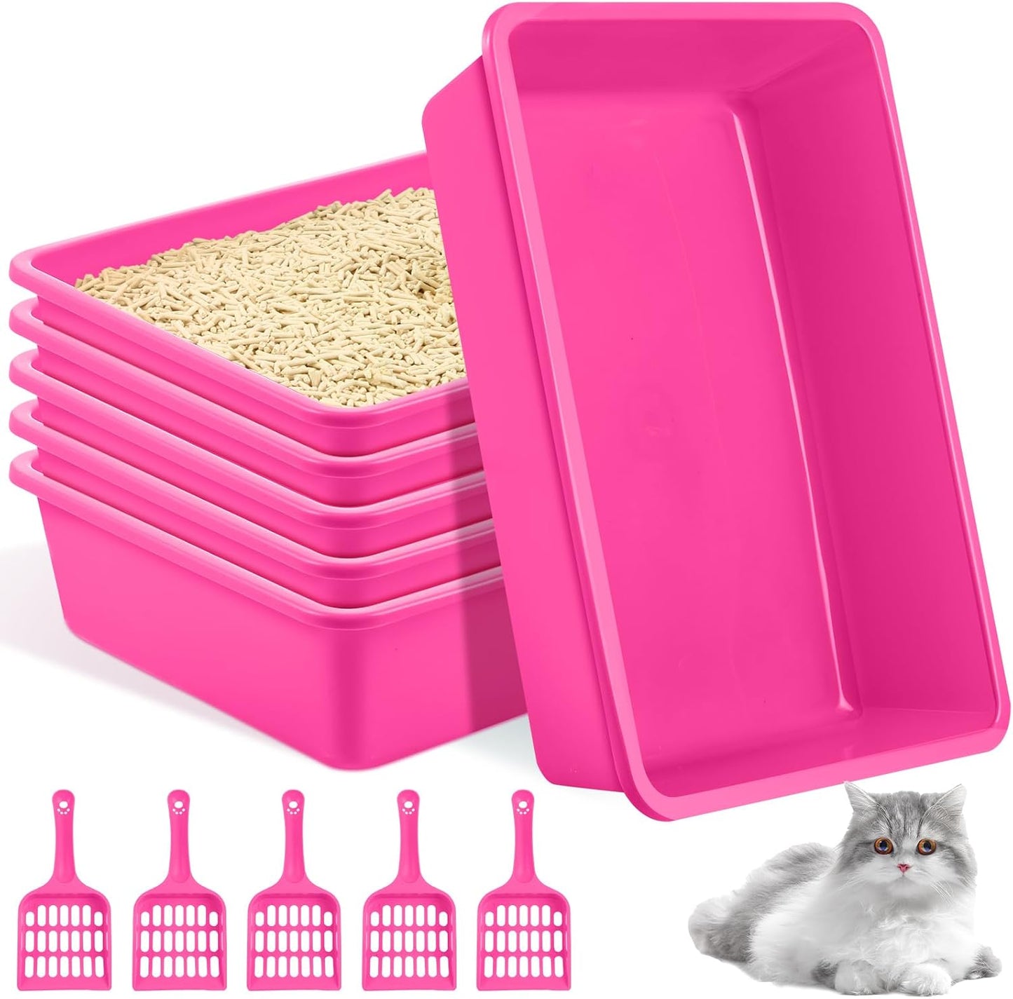 Amyhill 5 Pcs Open Cat Litter Box Kitten Litter Pan with 5 Scooper Medium Plastic Pet Tray Durable Nonstick Kitten Box for Indoor Pets Cats Rabbit Supply Easy to Clean, 14.6x10.6x3.4 Inch (Pink)