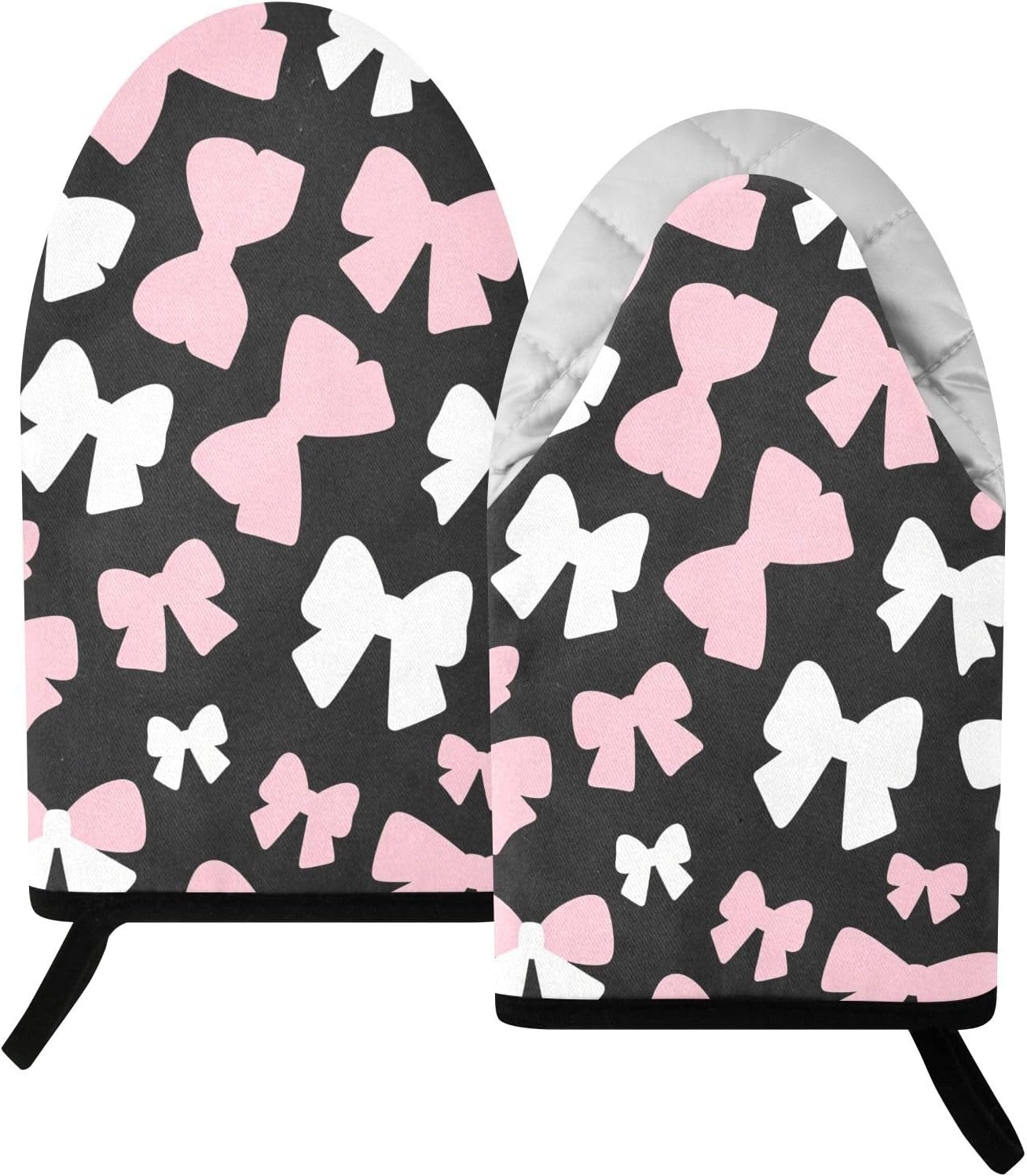 Oven Mitt 2 Pack Set Pink and White Bow Kitchen Mitts Gloves for for Cooking Baking Grilling