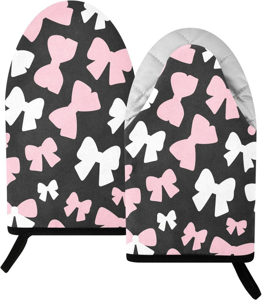 Oven Mitt 2 Pack Set Pink and White Bow Kitchen Mitts Gloves for for Cooking Baking Grilling