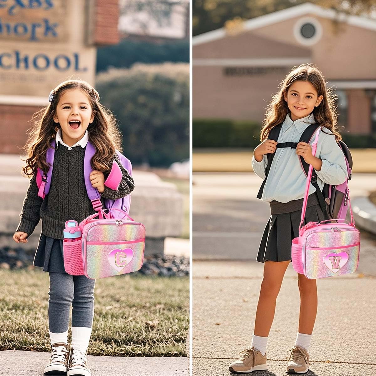 RHCPFOVR Kids Initial Lunch Bag - Insulated Lunch Box for Boys Girls,Washable Lunch Bag and Reusable Toddler Leak-proof Lunchbox for School and Daycare Pink J