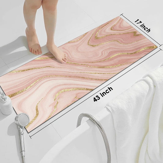 Arttown Absorbent Quick Dry Bath Mat for Bathroom, Marble Texture Pink and Gold Washable Bath Rugs, Non Slip Rubber Backing Mat Bathroom Decorations 17x43 Inches for Kitchen Bedroom Indoor