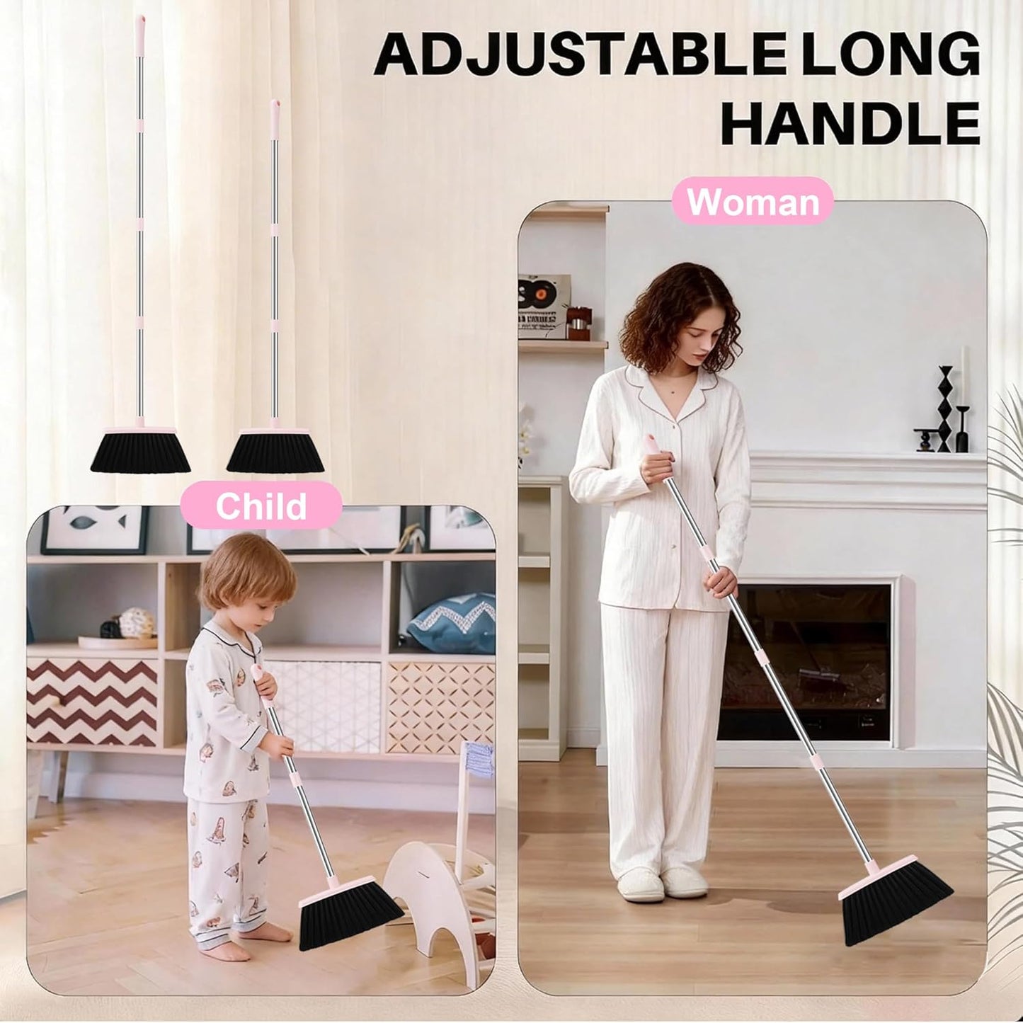 Pink Broom and Dustpan Set for Home, 52-in Long Handle Broom with Dustpan Combo with Dustpan Teeth Easy to Scrape Off Pet Hair, Indoor&Outdoor Sweeping（Pink）