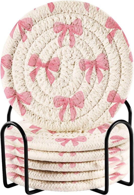 Bar Coasters for Drink with Holder Light Pink Bows Watercolor Coaster Set of 6 Cotton Woven Coaster for Coffee Table, Bistro Tabletop,Kitchen Home Decor