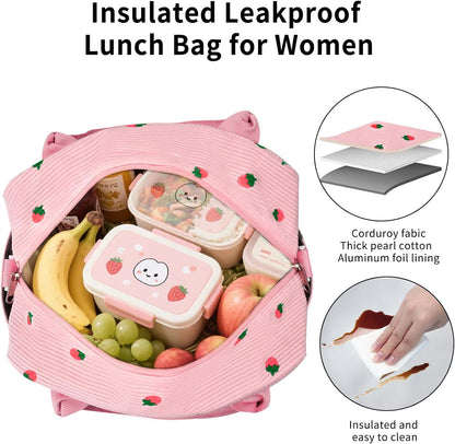 Lunch Bag Women Lunch Box for Women Adult Cute Insulated Lunch Bag Lager Cooler Lunch Tote Bags for Work Picnic (Pink-Strawberry)