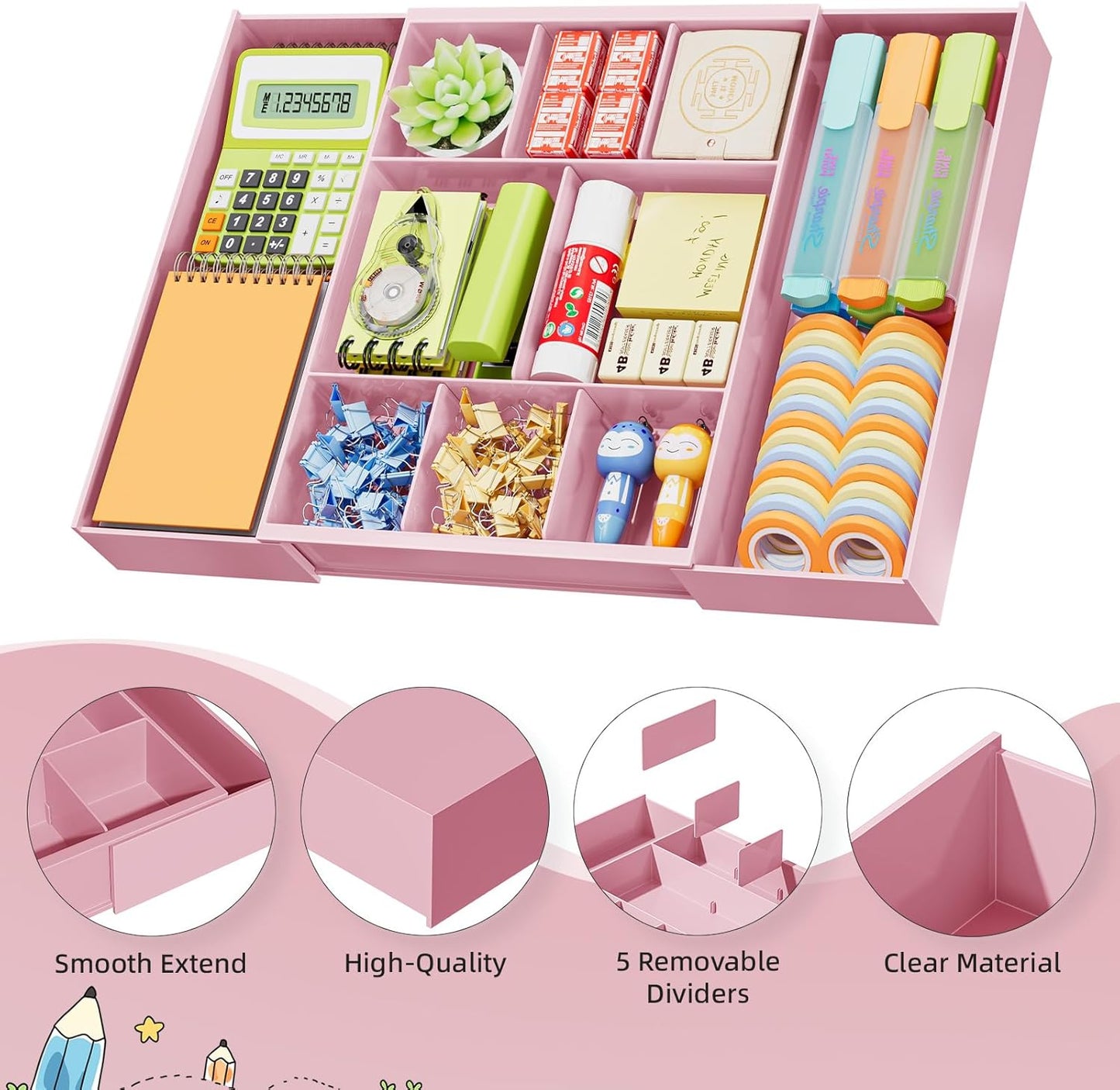 Marbrasse Expandable Desk Drawer Organizer, Clear Plastic Drawer Organizer Tray with 10 Adjustable Compartments, Desk Organizers and Accessories, 5 Drawer Dividers for Office Supplies, Makeup (Pink)