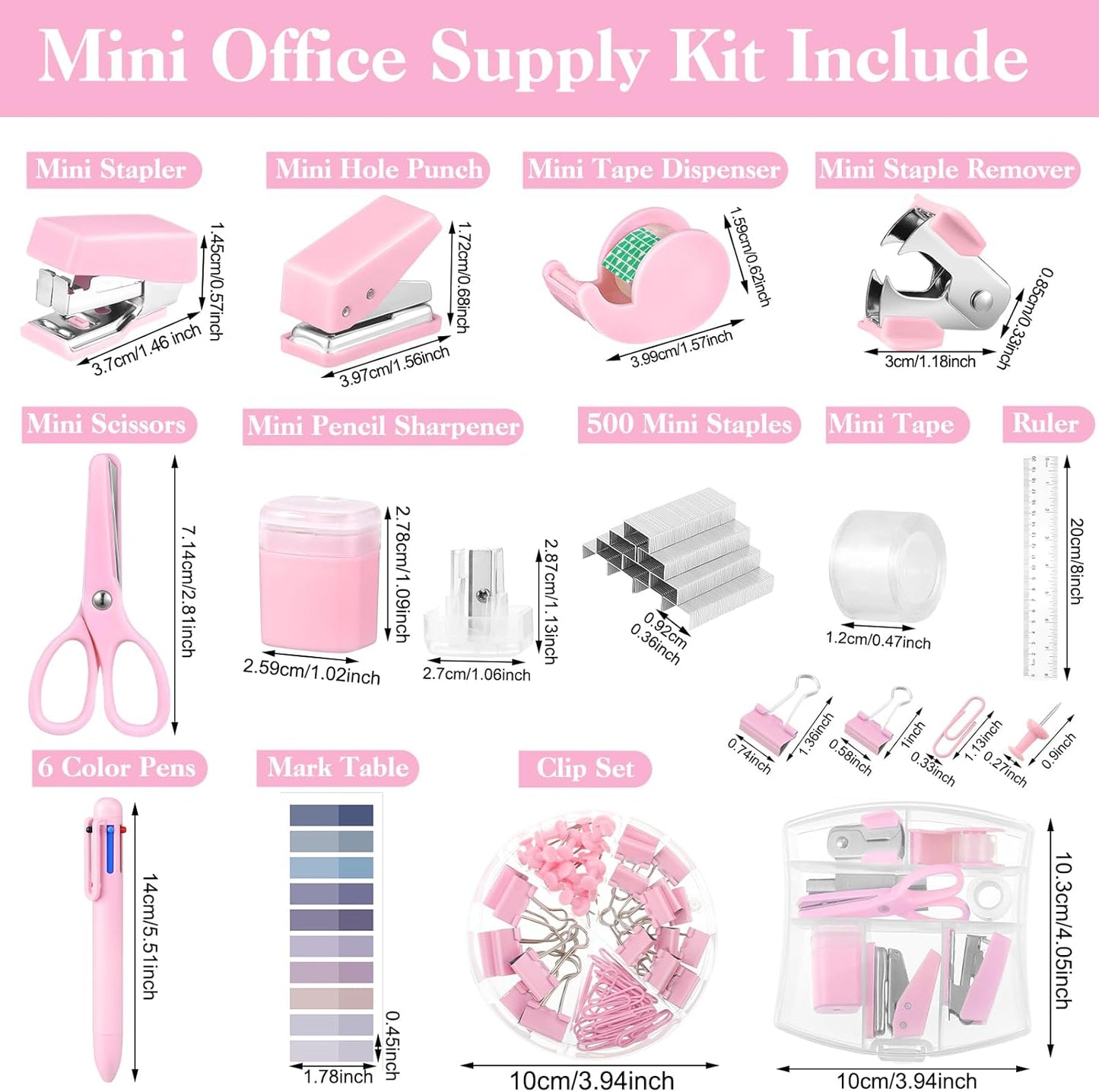 Mini Office Supplies, Purple School Supplies with Sticky Notes,Mini Stapler,Tape Dispenser,Hole Punch,Staple Remover,Staples,Clips,Scissor,Pen (Pink)