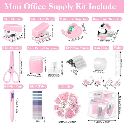 Mini Office Supplies, Purple School Supplies with Sticky Notes,Mini Stapler,Tape Dispenser,Hole Punch,Staple Remover,Staples,Clips,Scissor,Pen (Pink)