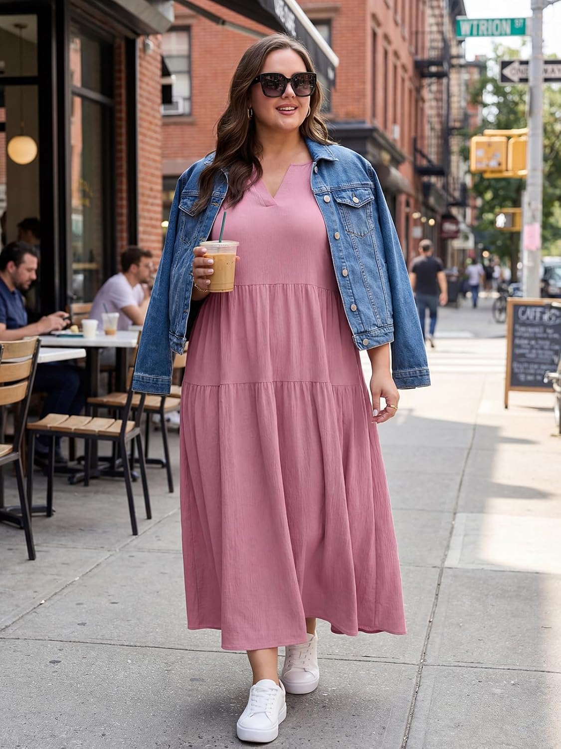OLRIK Plus Size Maxi Dresses for Curvy Women - Flowy Boho Summer Dress with Pockets, V-Neck Short Sleeve for Beach Vacation