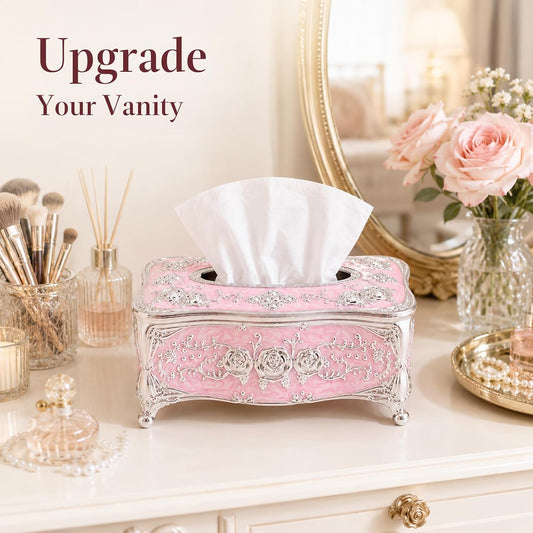 Vintage Acrylic Tissue Box Holder, Rectangular Facial Tissue Cover Dispenser with Rose Pattern, Decorative Napkin Organizer for Bathroom Vanity, Bedroom Nightstand, Car & Office (Silver Pink)