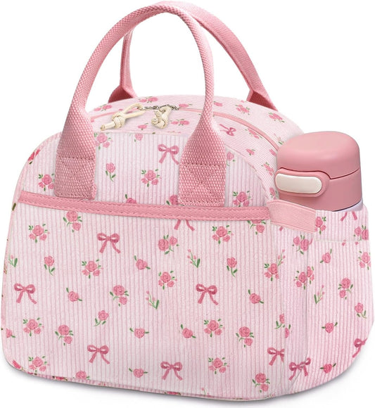 Carry bloom Lunch Box for Women, Insulated Lunch Bag Cute Corduroy Lunchbag Reusable Lunchbox for Work (flower bow pink)