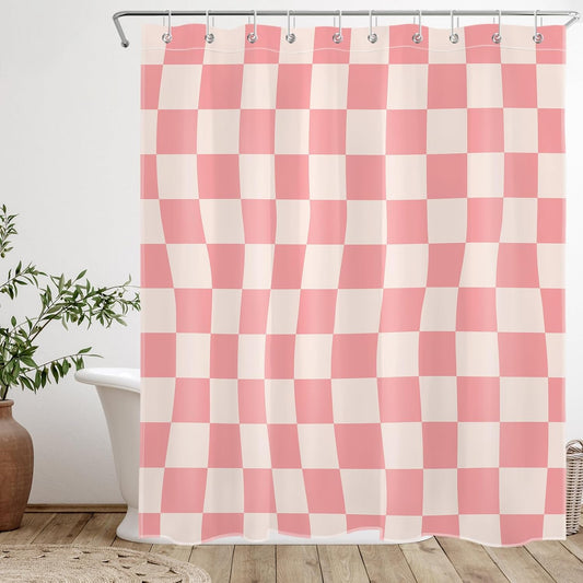 Pink Abstract Checkered Shower Curtain for Bathroom, Pink and Beige Retro Plaid Shower Curtain Modern Minimalist Polyester Fabric Bathroom Decor, 60W x 72L inches