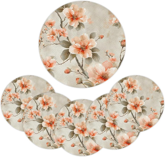 Peach Blossom Tree Round Placemats Sets, Circle Braided Place Mats for Dining, Washable Woven Braided Table Mats, Place Mats for Kitchen Decor