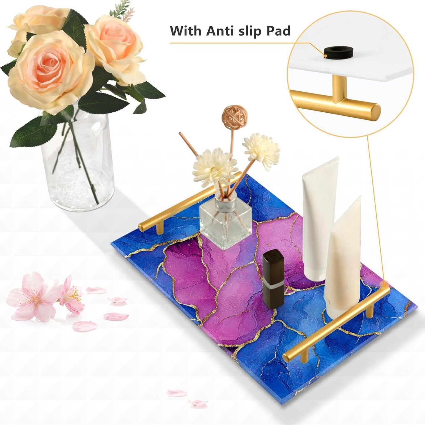 Marble Royal Blue Hot Peach Decorative Breakfast Tray with Handles Drink Serving Tray for Jewelry Perfume for Kitchens & Serving Guests